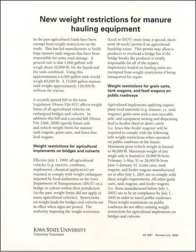 New Weight Restrictions for Manure Hauling Equipment