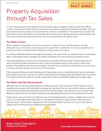 Housing Readiness Fact Sheet: Property Acquisition through Tax Sales