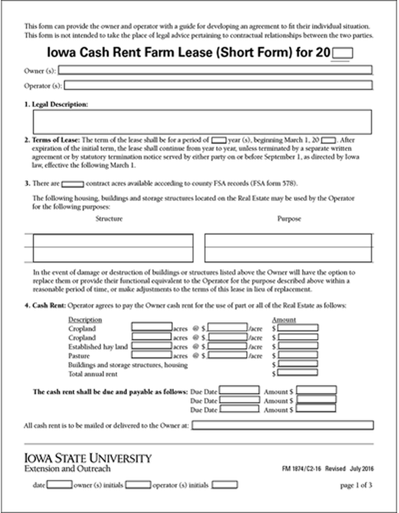 Iowa Cash Rent Farm Lease (Short Form) image number 0