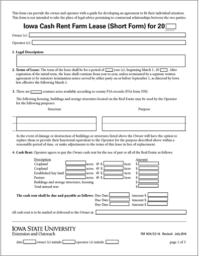 Iowa Cash Rent Farm Lease (Short Form)
