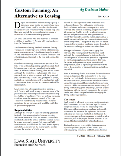 Custom Farming: An Alternative to Leasing
