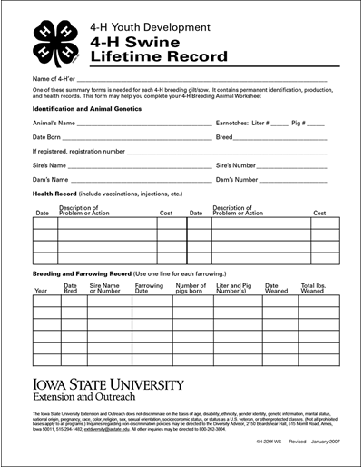 Record Keeping Lifetime Record Swine