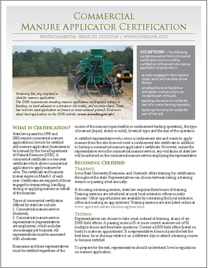 DNR Commercial Manure Applicator Certification Fact Sheet: MAC - Manure Applicator Certification image number 0