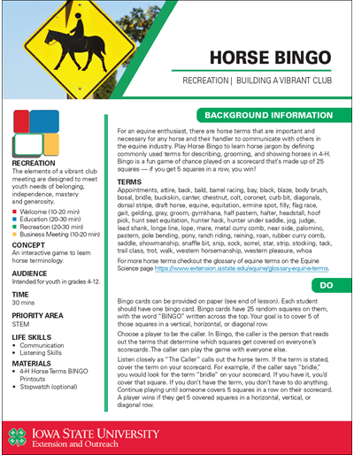 Horse Bingo -- Vibrant Clubs