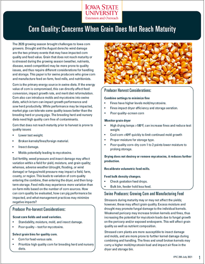 Corn Quality: Concerns When Grain Does Not Reach Maturity