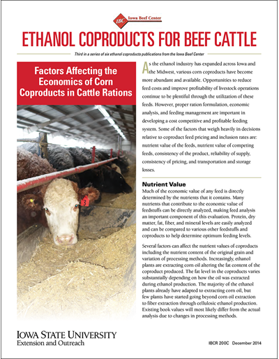 Ethanol Coproducts for Beef Cattle - Factors Affecting the Economics of Corn Coproducts in Cattle Rations