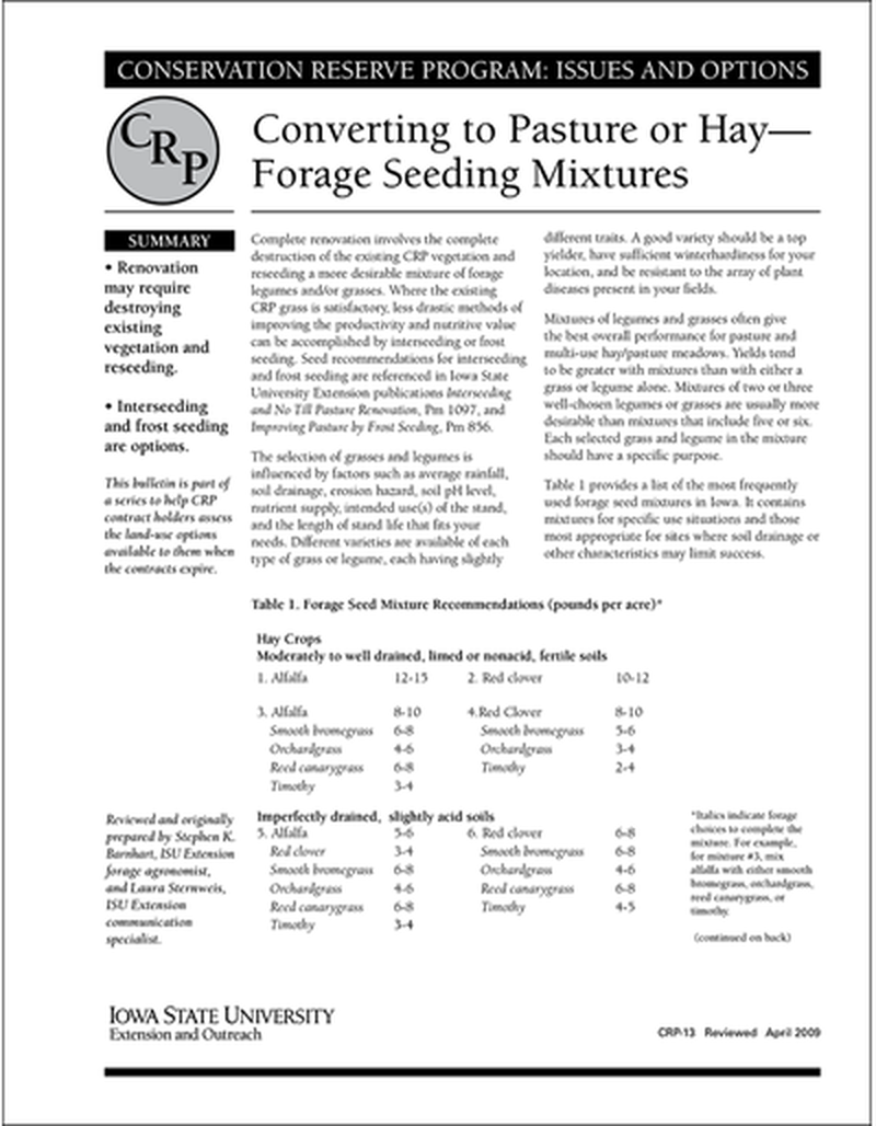 Converting to Pasture or Hay - Forage Seeding Mixtures | Conservation Reserve Program: Issues and Options image number 0