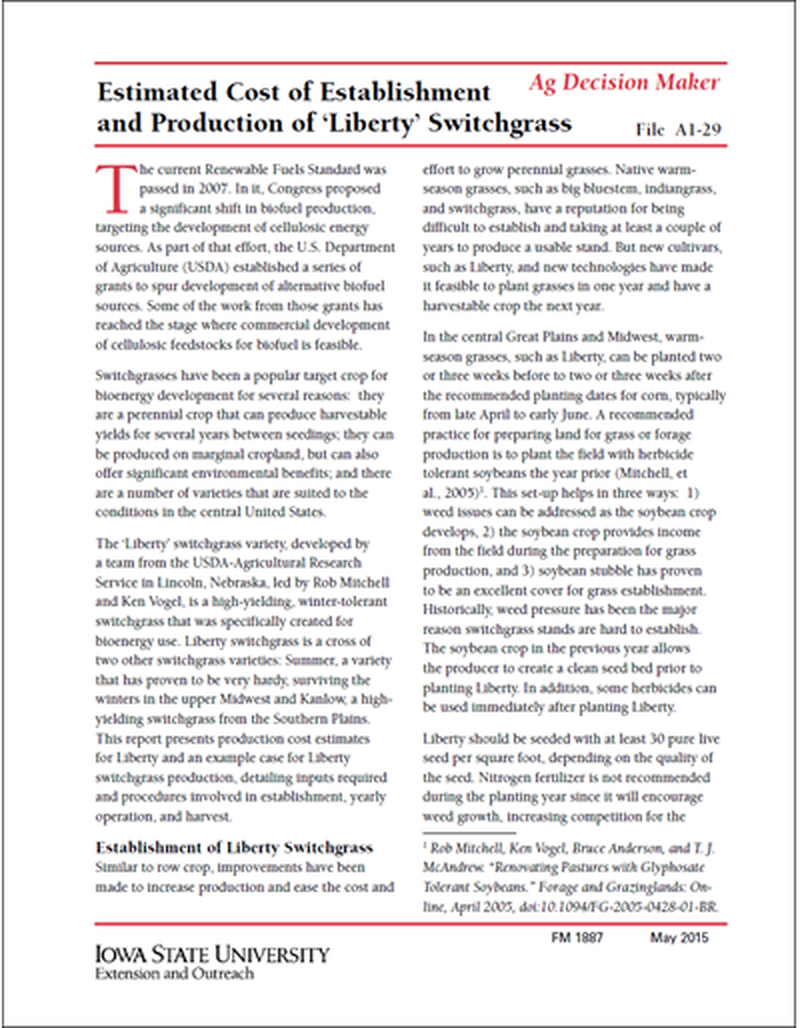 Estimated Cost of Establishment and Production of Liberty Switchgrass image number 0