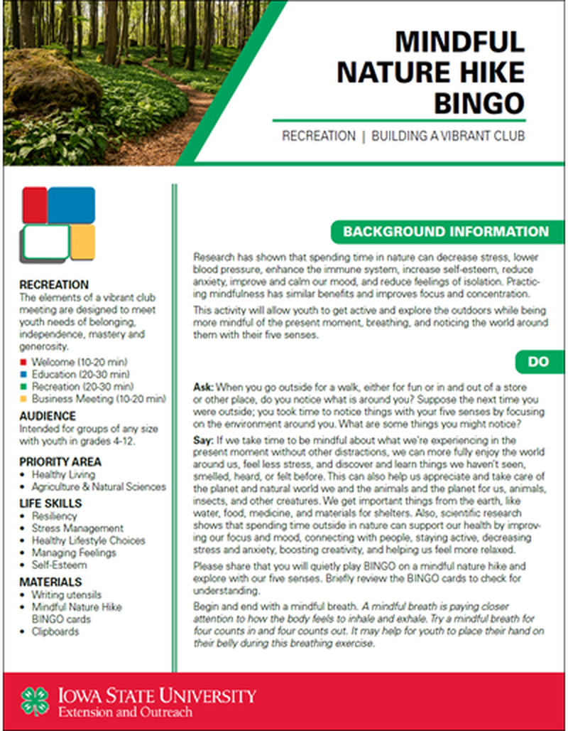 Mindful Nature Hike Bingo -- Vibrant Clubs image number 0