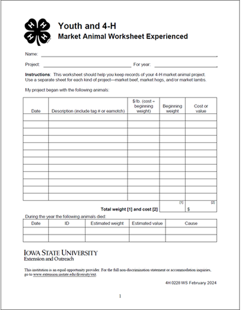 Iowa 4-H Market Animal Worksheet Experienced image number 0