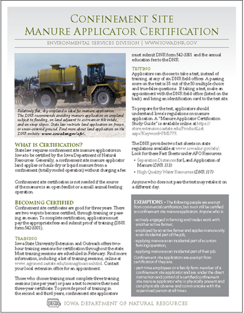 DNR Confinement Site Manure Applicator Certification Fact Sheet: MAC - Manure Applicator Certification image number 0