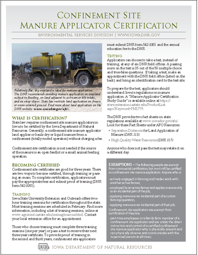 DNR Confinement Site Manure Applicator Certification Fact Sheet: MAC - Manure Applicator Certification
