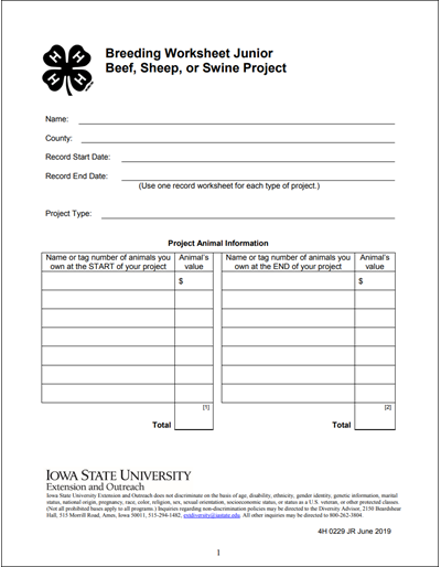 Record Keeping Worksheet Breeding Junior