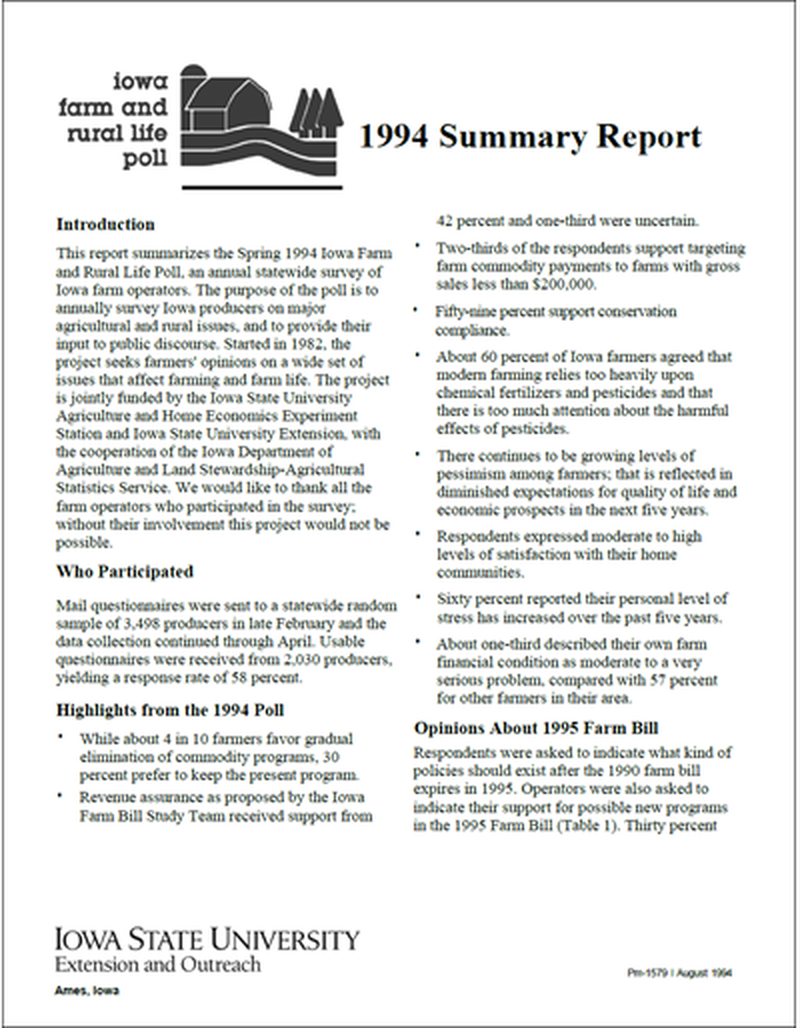 1994 Summary Report - Iowa Farm and Rural Life Poll image number 0