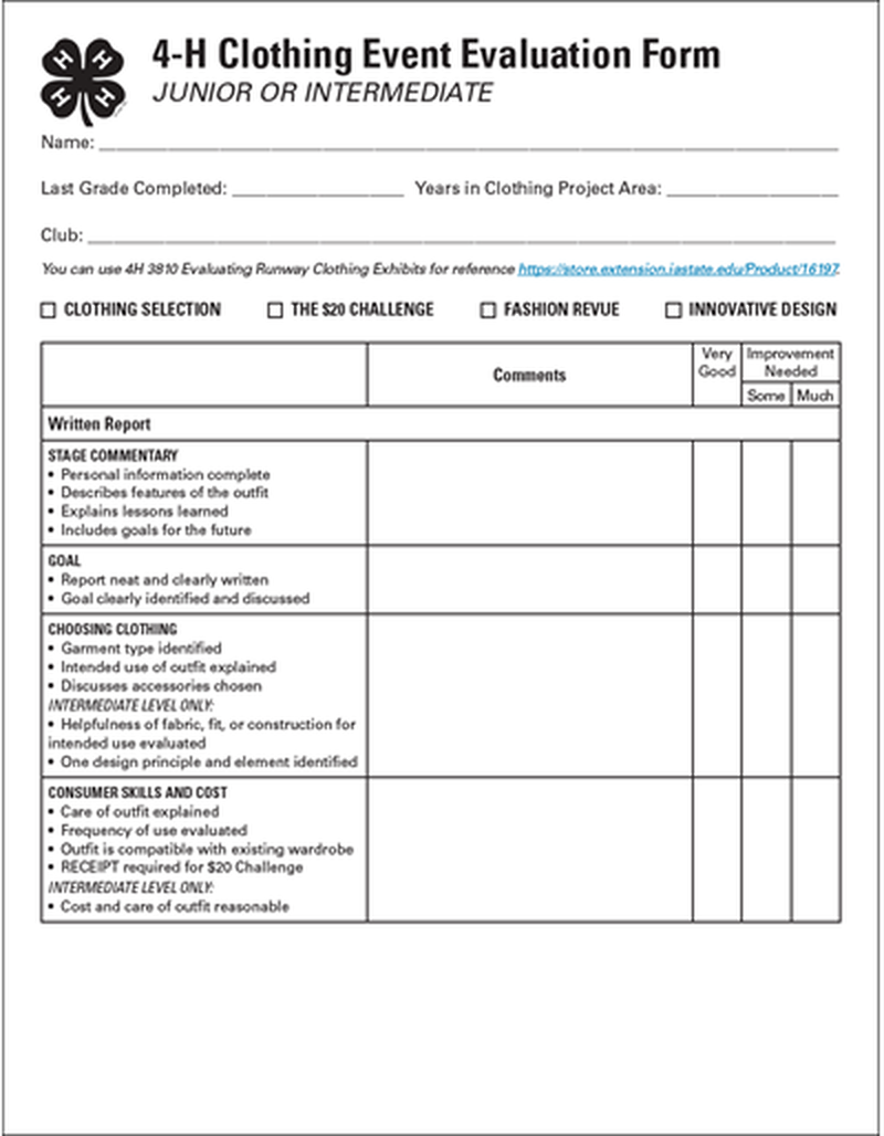 4-H Junior Intermediate Clothing Event Evaluation Form image number 0