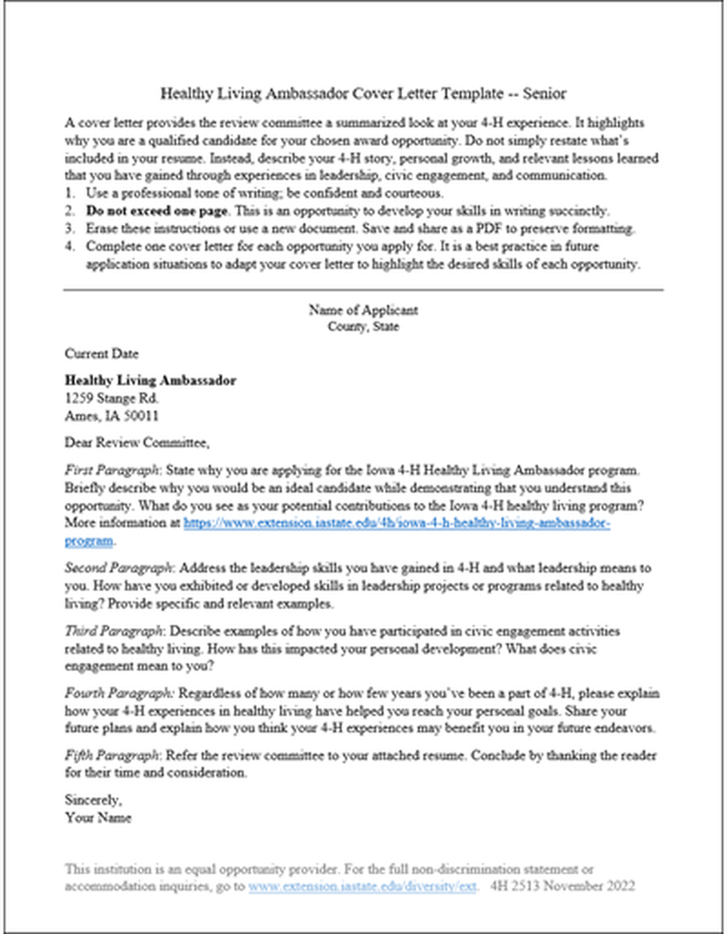 Healthy Living Ambassador Cover Letter Template -- Senior image number 0