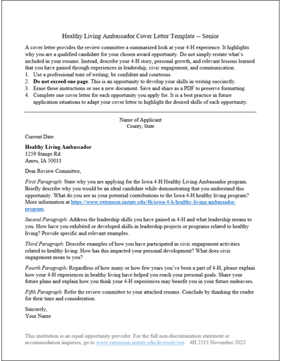 Healthy Living Ambassador Cover Letter Template -- Senior