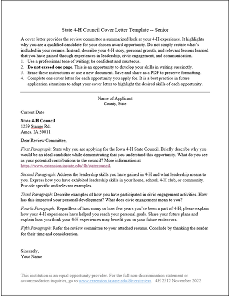 State 4-H Council Cover Letter Template -- Senior image number 0