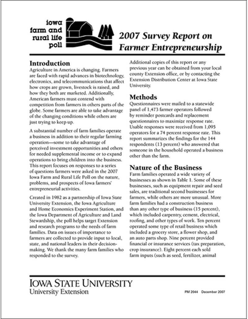 2007 Survey Report on Farmer Entrepreneurship - Iowa Farm and Rural Life Poll image number 0