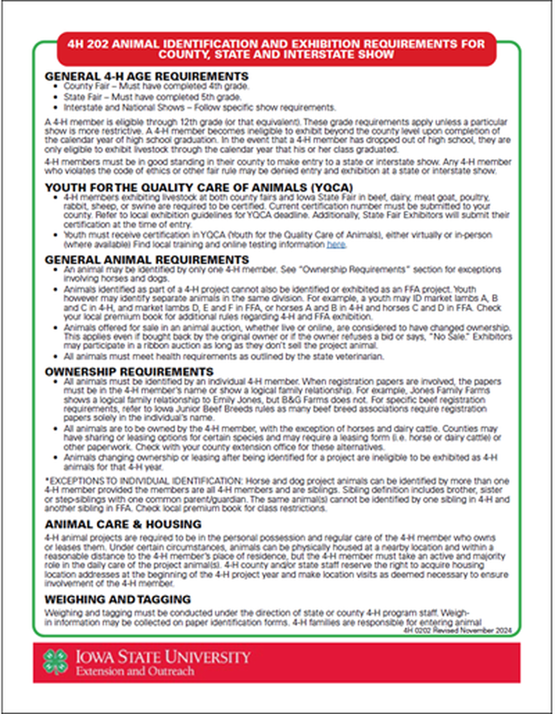 Iowa 4-H - Animal Identification, Weighing, and Exhibiting Requirements for County, State and Interstate Shows image number 0