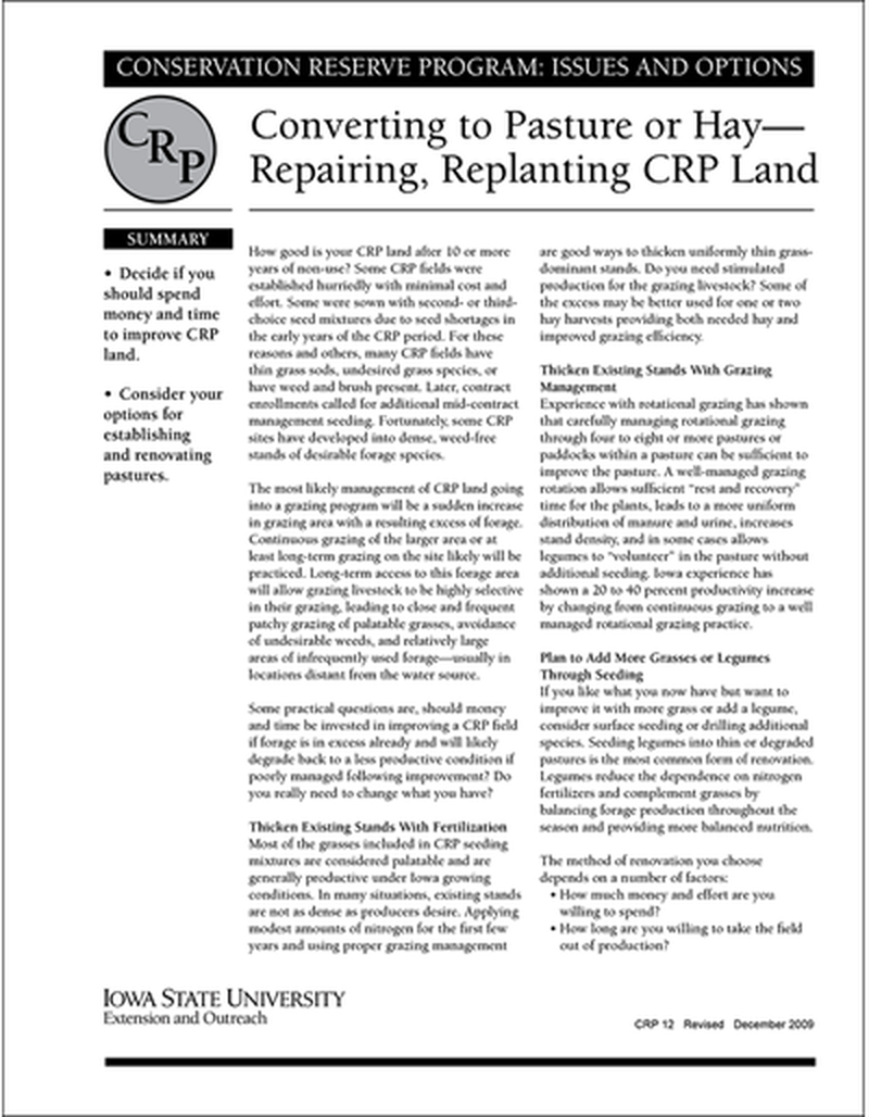 Converting to Pasture or Hay - Repairing, Replanting CRP Land | Conservation Reserve Program: Issues and Options image number 0