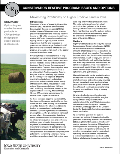 Maximizing Profitability on Highly Erodible Land in Iowa | Conservation Reserve Program: Issues and Options
