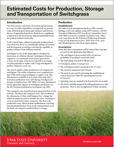 Estimated Costs for Production, Storage, and Transportation of Switchgrass