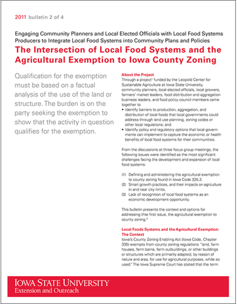 The Intersection of Local Food Systems and the Agricultural Exemption to Iowa County Zoning - Engaging Community Planners and Local Elected Officials with Local Food Systems Producers to Integrate Local Food Systems into Community Plans and Policies image number 0