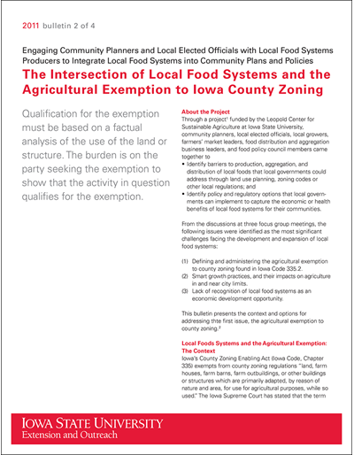 The Intersection of Local Food Systems and the Agricultural Exemption to Iowa County Zoning - Engaging Community Planners and Local Elected Officials with Local Food Systems Producers to Integrate Local Food Systems into Community Plans and Policies