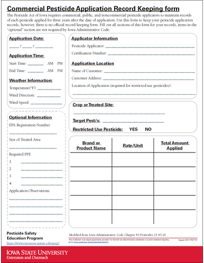 Commercial Pesticide Application Record Keeping form