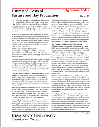 Estimated Costs of Pasture and Hay Production