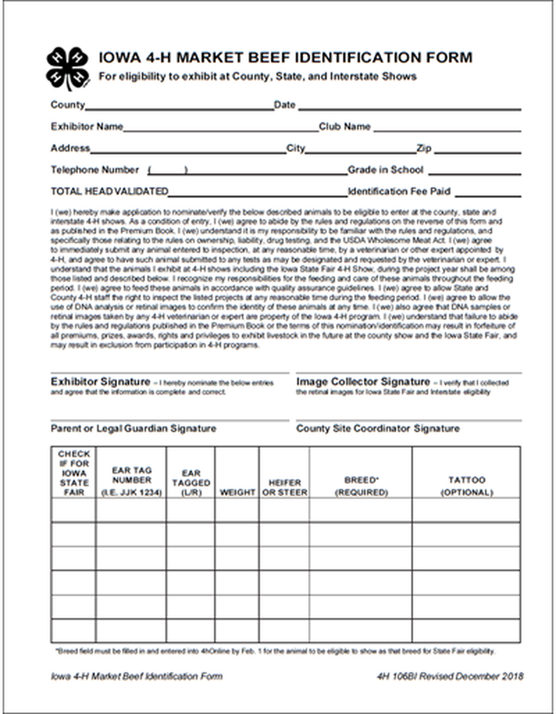 Iowa 4-H Market Beef Identification Form (Unit=Pkg of 20) image number 0