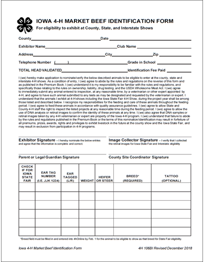 Iowa 4-H Market Beef Identification Form (Unit=Pkg of 20)