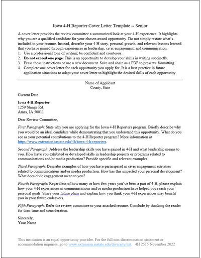 Iowa 4-H Reporter Cover Letter Template -- Senior