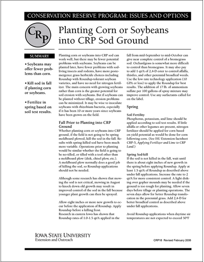 Planting Corn or Soybeans into CRP Sod Ground | Conservation Reserve Program: Issues and Options