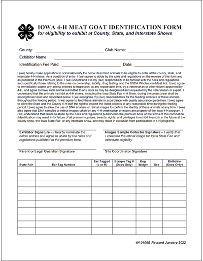 Iowa 4-H Meat Goat Identification Form (Unit=Pkg of 15)