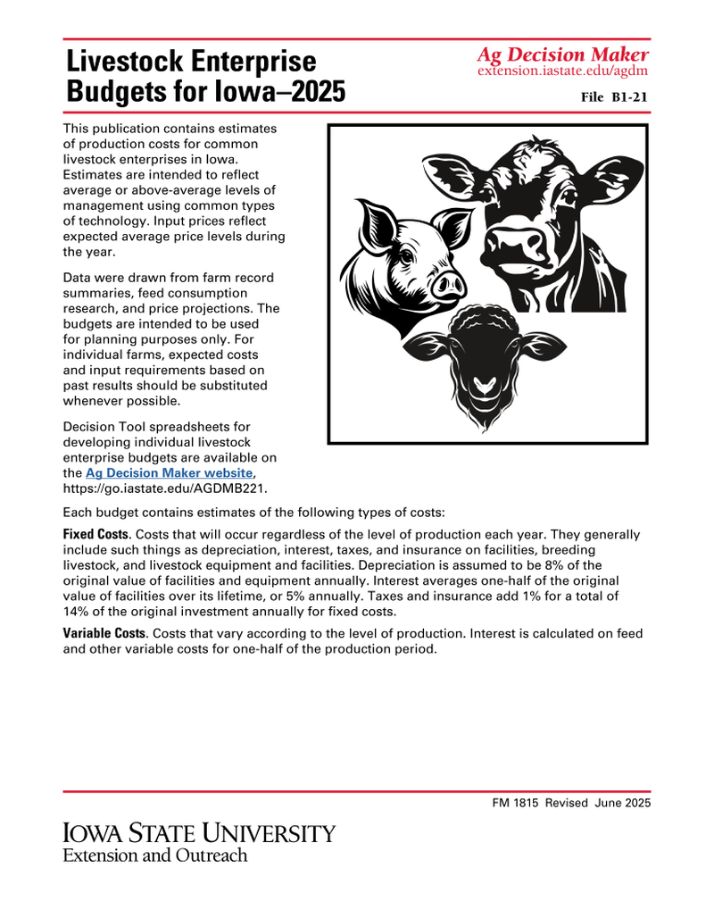 Livestock Enterprise Budgets for Iowa - 2025 image number 0