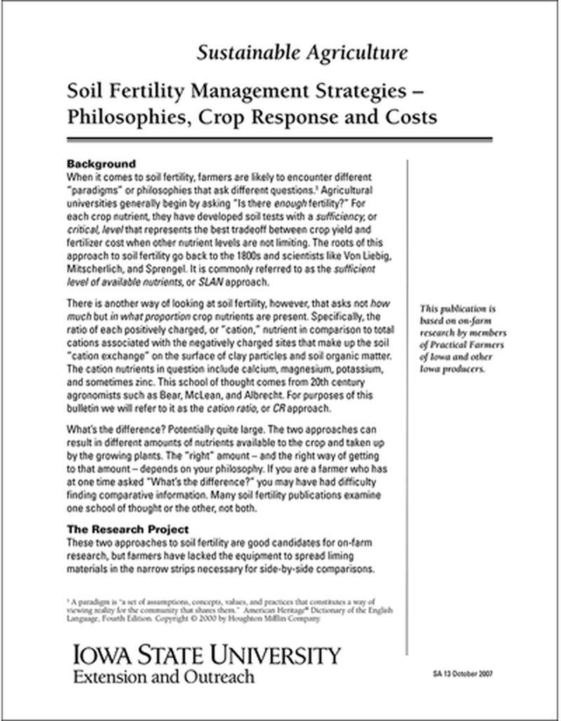 Soil Fertility Management Strategies - Philosophies, Crop Response and Costs -- Sustainable Agriculture image number 0