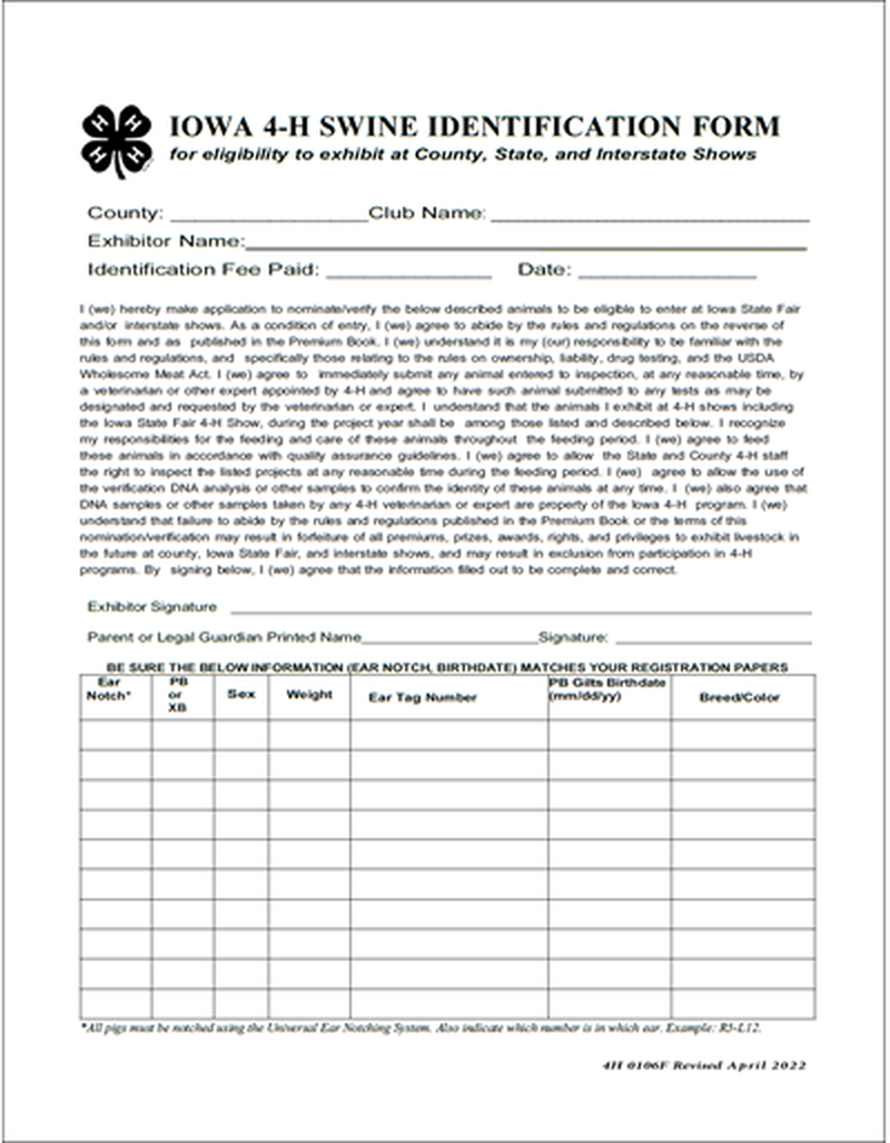 Iowa 4-H Swine Identification Form  (Unit=Pkg of 15) image number 0