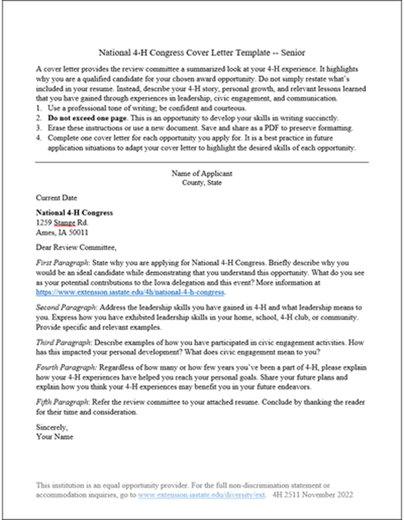 National 4-H Congress Cover Letter Template -- Senior image number 0