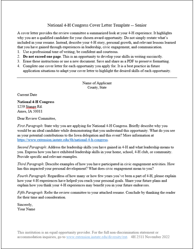 National 4-H Congress Cover Letter Template -- Senior