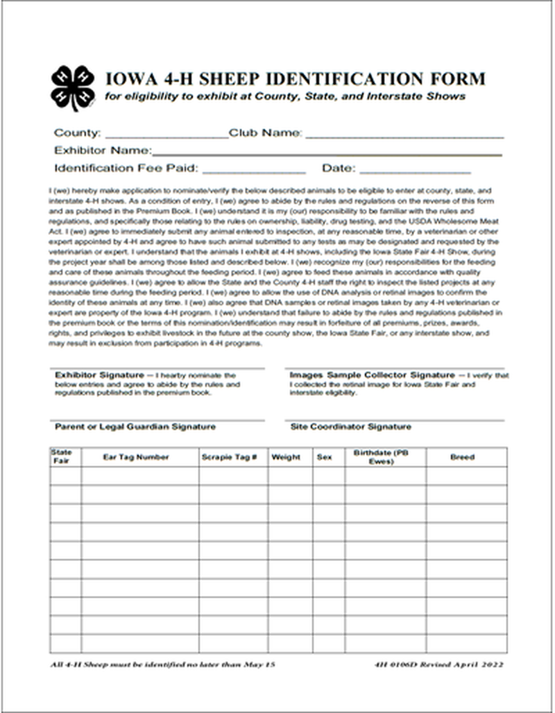 Iowa 4-H Sheep Identification Form (Unit=Pkg of 15) image number 0