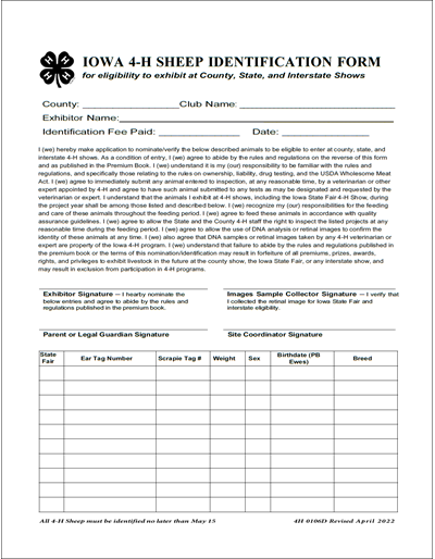 Iowa 4-H Sheep Identification Form (Unit=Pkg of 15)