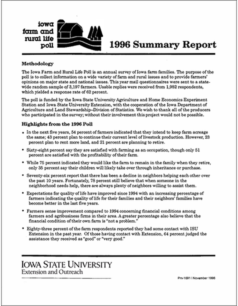 1996 Summary Report - Iowa Farm and Rural Life Poll image number 0