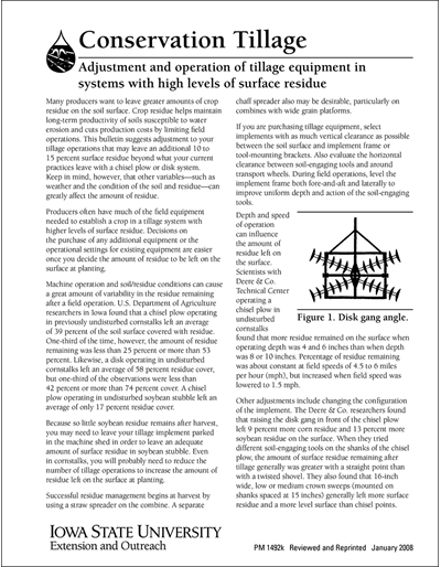 Adjustment and Operation of Tillage Equipment in Systems with High  Levels of Surface Residue -- Conservation Tillage